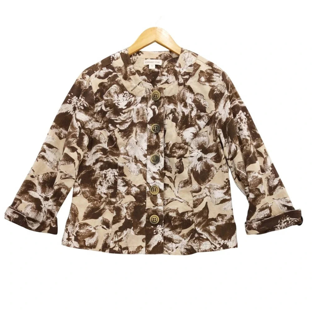 Coldwater Creek Floral Print Cropped Jacket Size 12 Cotton/Linen Barkcloth‎